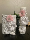 Girl White First Communion Candle Set with white & pink flowers and pearls