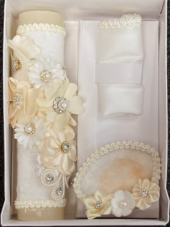 3 piece Girl baptism candle set in ivory Style 66