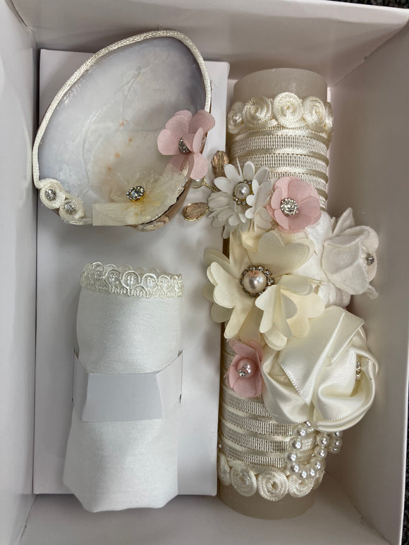 3 piece Girl baptism candle set in ivory Style 58