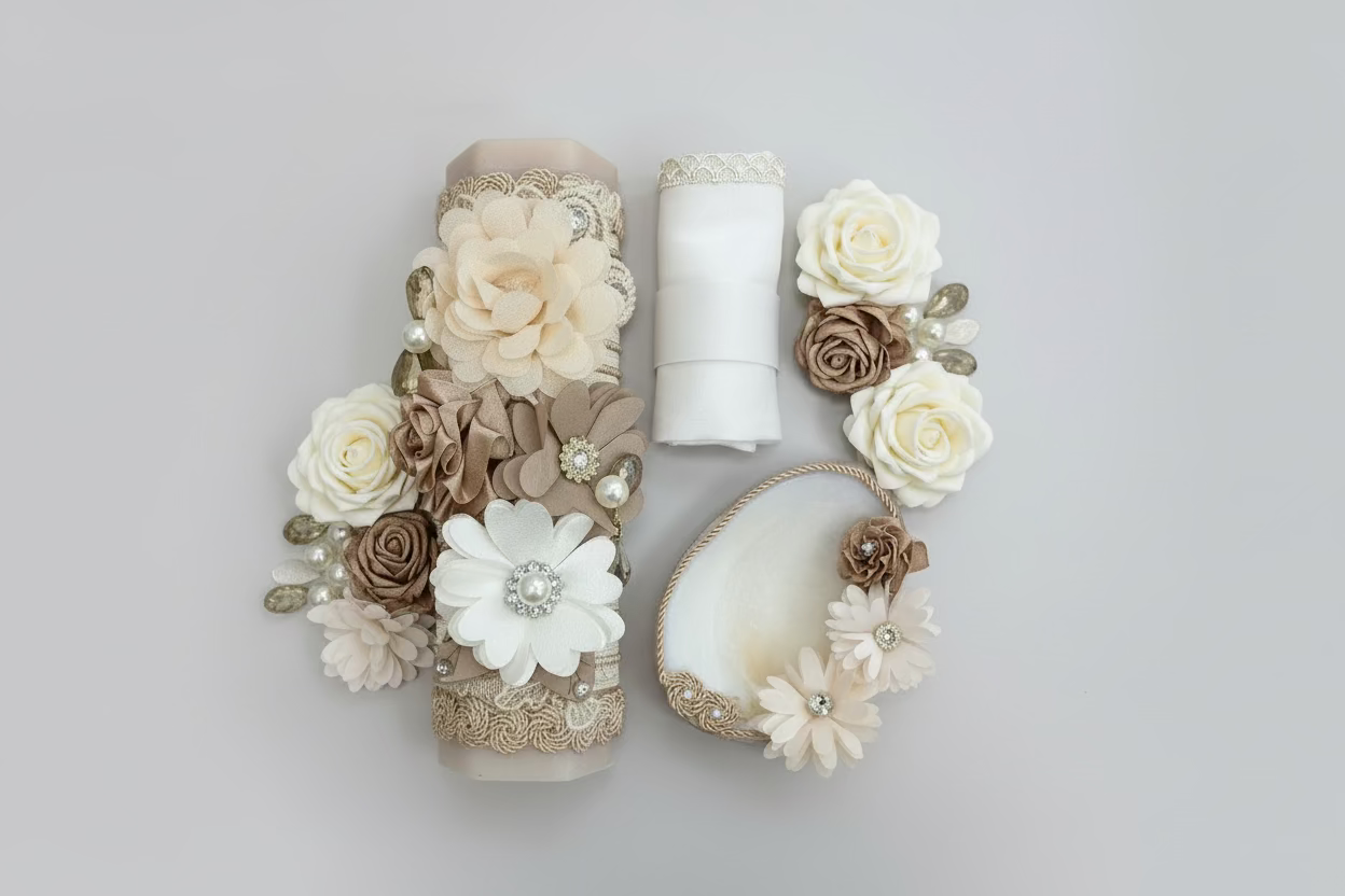 A 3 piece girl baptism candle set in champagne style, including a decorated candle with white and pink flowers, a natural shell, and a hankerchief with champagne-colored flowers and a golden bead.