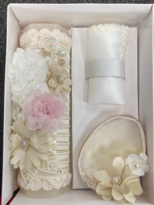 3 piece Girl baptism candle set in ivory Style 56