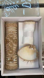 3 piece Cross Baptism Candle Set for boys in beige  Style 11