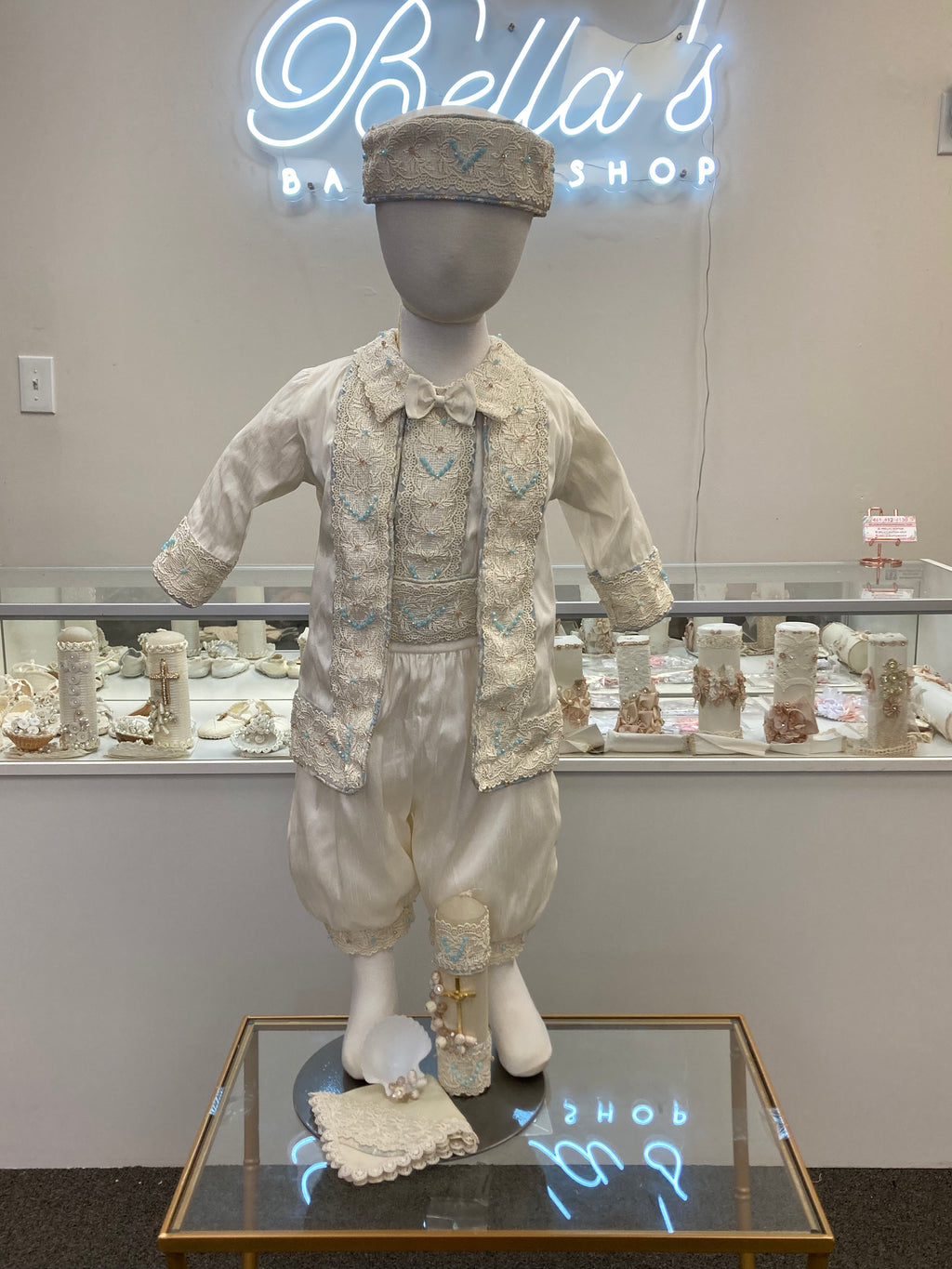 Prince Emmanuel boy outfit in ivory with blue stones FINAL SALE/VENTA FINAL