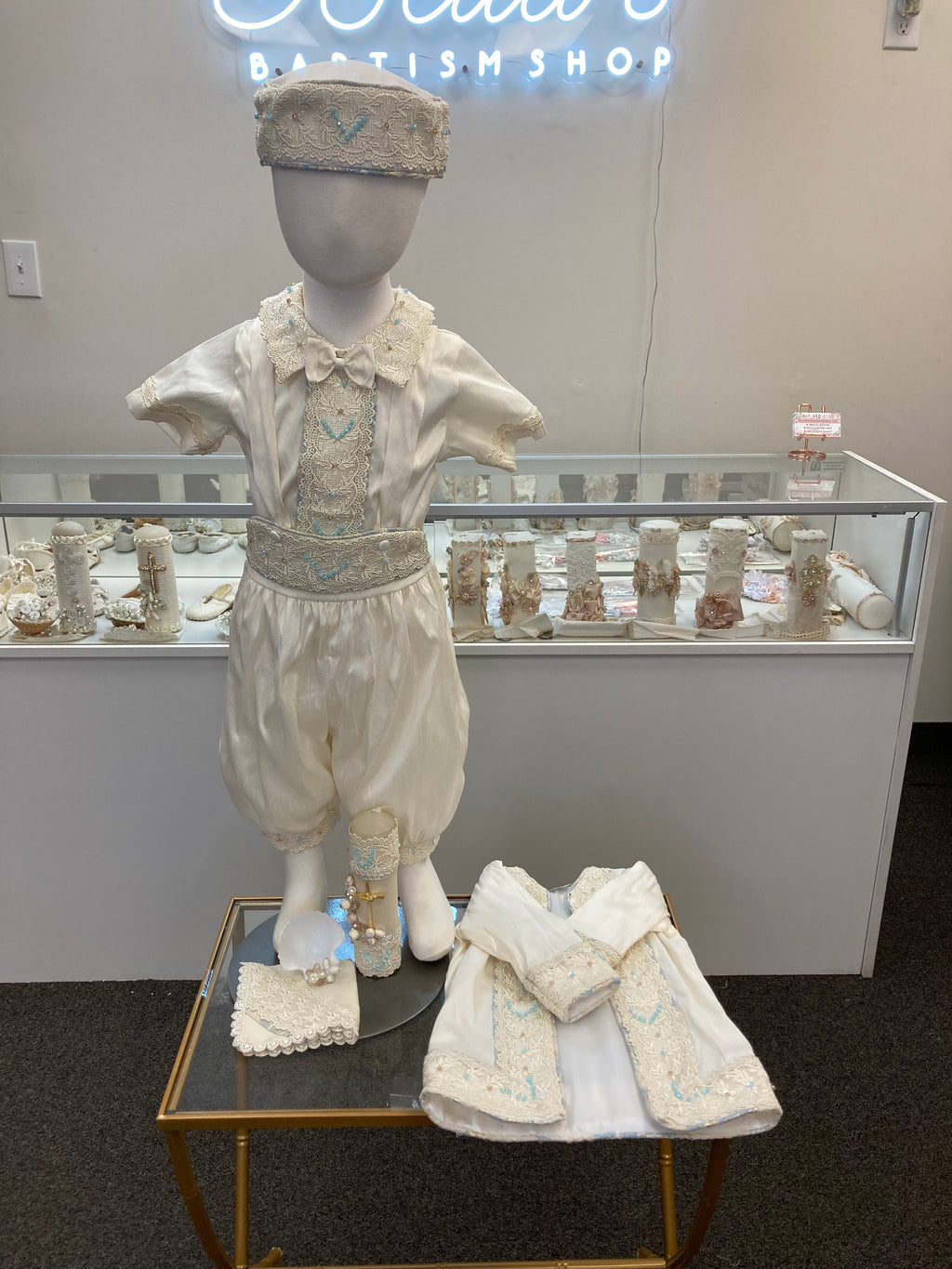Prince Emmanuel boy outfit in ivory with blue stones FINAL SALE/VENTA FINAL