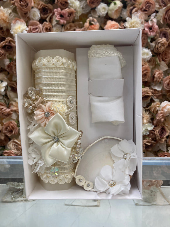 3 piece Girl baptism candle set in ivory Style 79