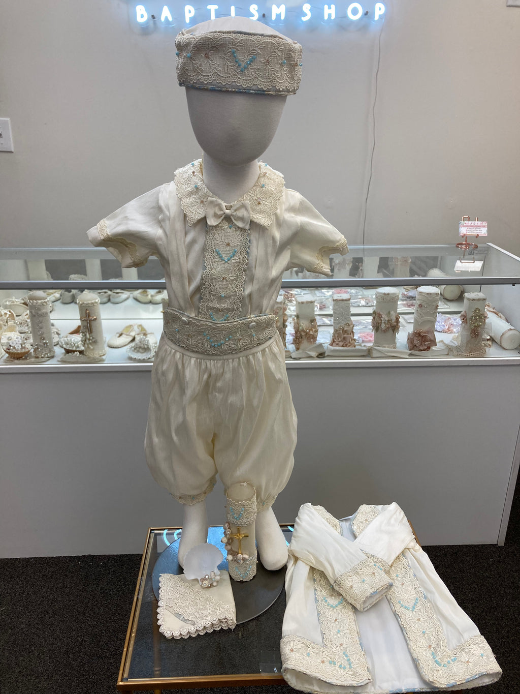Prince Emmanuel boy outfit in ivory with blue stones FINAL SALE/VENTA FINAL