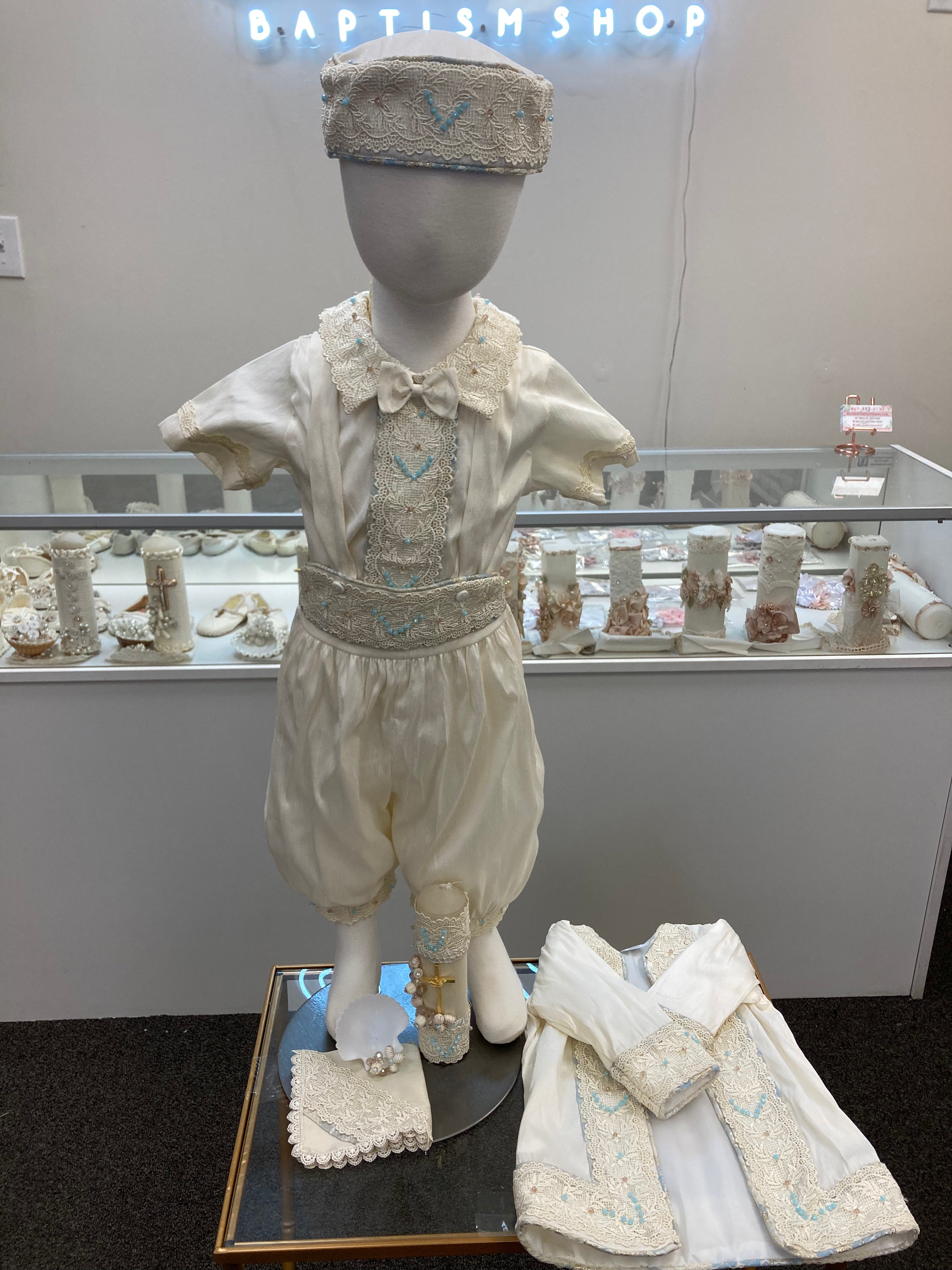 Prince Emmanuel boy outfit in ivory with blue stones FINAL SALE/VENTA FINAL