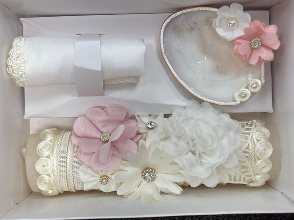 3 piece Girl baptism candle set in ivory Style 47