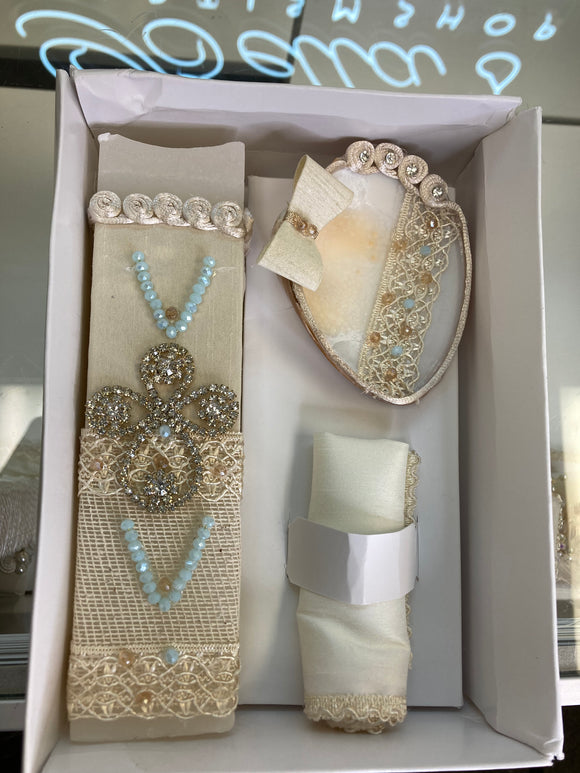 3 piece Cross Baptism Candle Set for boys in ivory and blue style MAXIMILIANO